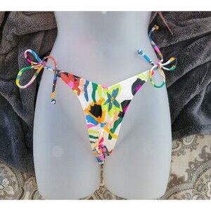 High Leg Floral V-String Multicolor Bikini Bottom - Sz XS (00)